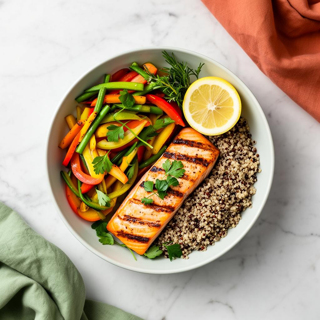 Bowl frais avec saumon grillé, quinoa et légumes de saison